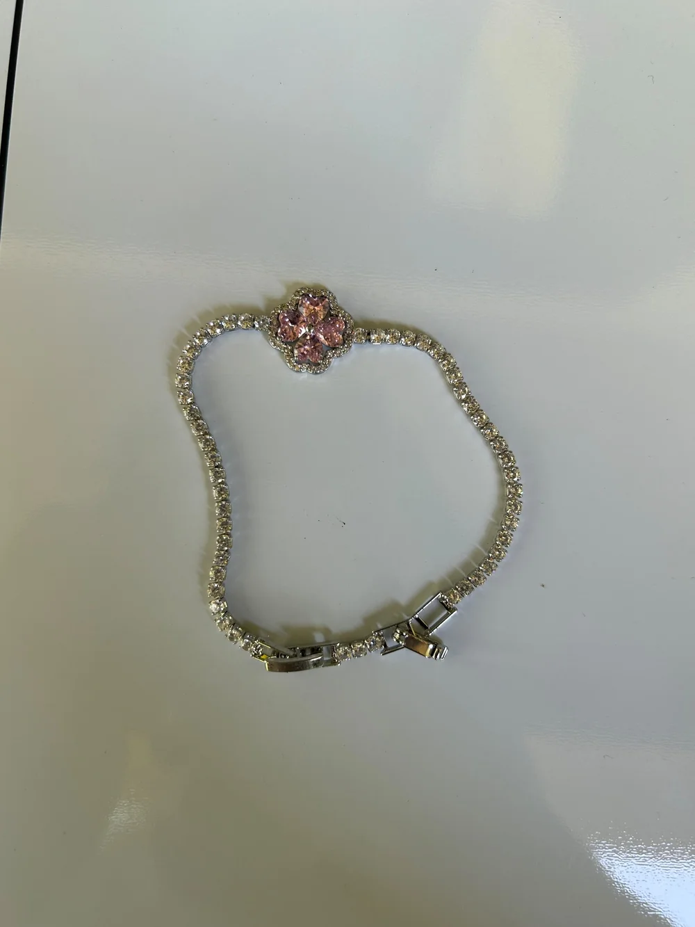 Silver Tennis Bracelet with Pink Flower Crystal Accent